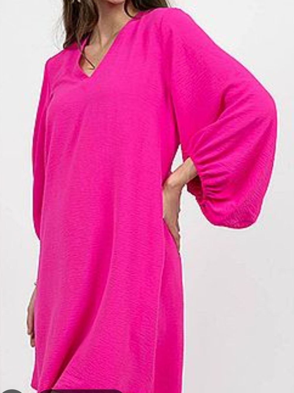 JODIFL Fuchsia V-Neck Balloon Sleeve Dress
